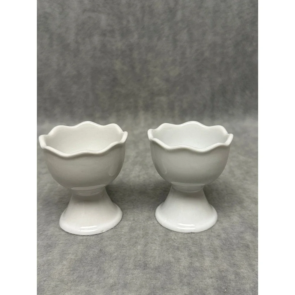Pier 1 Egg Cup Set of 2 White Scalloped‎ Ceramic Pedestal Pair